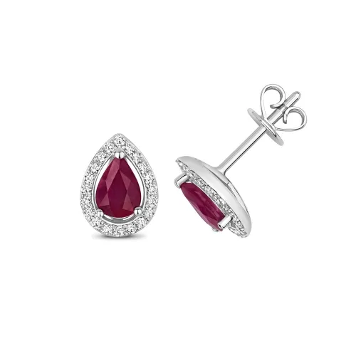 Diamond And Ruby Halo Studs Pear